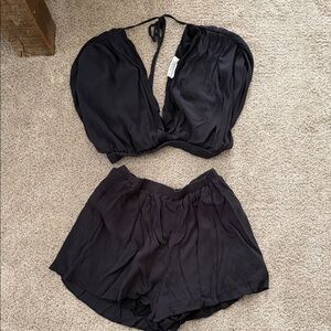 Black Two-Piece Halter Crop Top + Flow Shorts Set